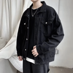 American Style Denim Jacket for Men Trendy Loose-Fit Top for Spring and Autumn High Street Fashion Black Color