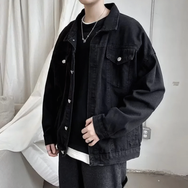 American Style Denim Jacket for Men Trendy Loose-Fit Top for Spring and Autumn High Street Fashion Black Color - Image 2
