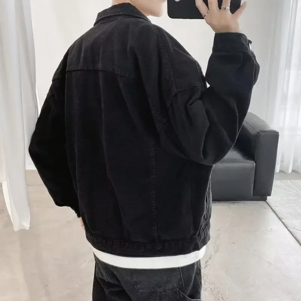 American Style Denim Jacket for Men Trendy Loose-Fit Top for Spring and Autumn High Street Fashion Black Color - Image 5