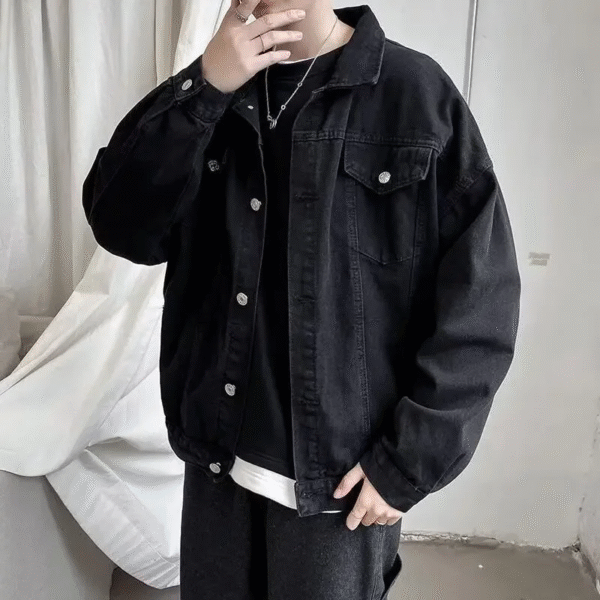 American Style Denim Jacket for Men Trendy Loose-Fit Top for Spring and Autumn High Street Fashion Black Color - Image 4