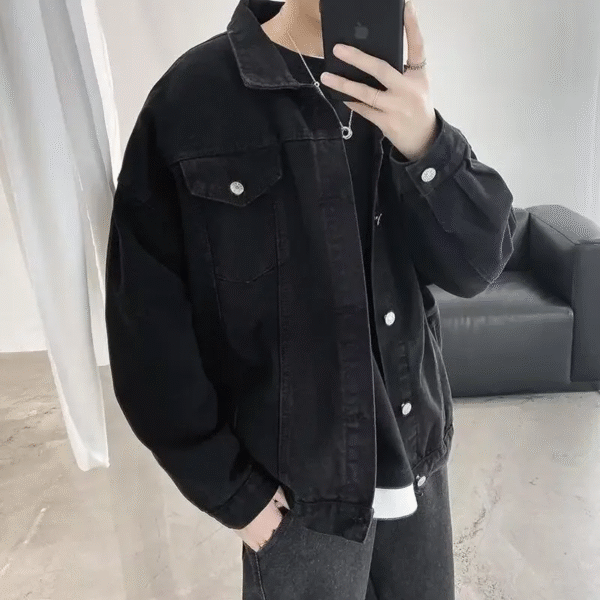 American Style Denim Jacket for Men Trendy Loose-Fit Top for Spring and Autumn High Street Fashion Black Color - Image 3